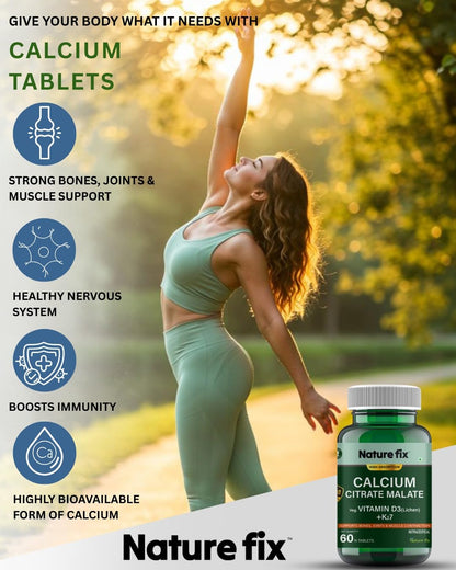 Nature Fix Calcium Citrate Malate with Veg. Vitamin D3 (Lichen) + K27 – Supports Bones, Joints & Muscle Contraction – 60 Tablets