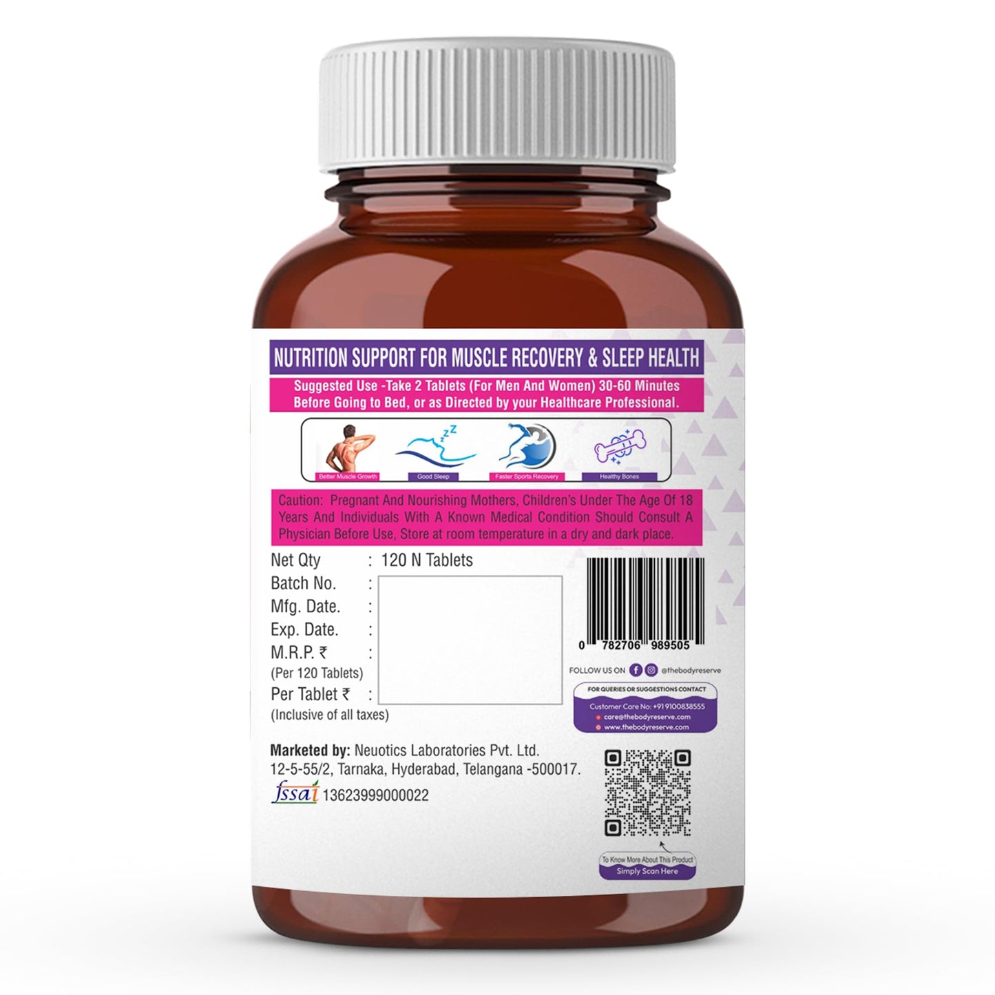 The Body Reserve Magnesium Glycinate Supplement 120 Veg Tablets, 2000mg Per Serving, High Absorption Chelated Form, helpful in Muscle & Nerve Relaxation, Better Sleep Quality for Men, Women, Pack of 2