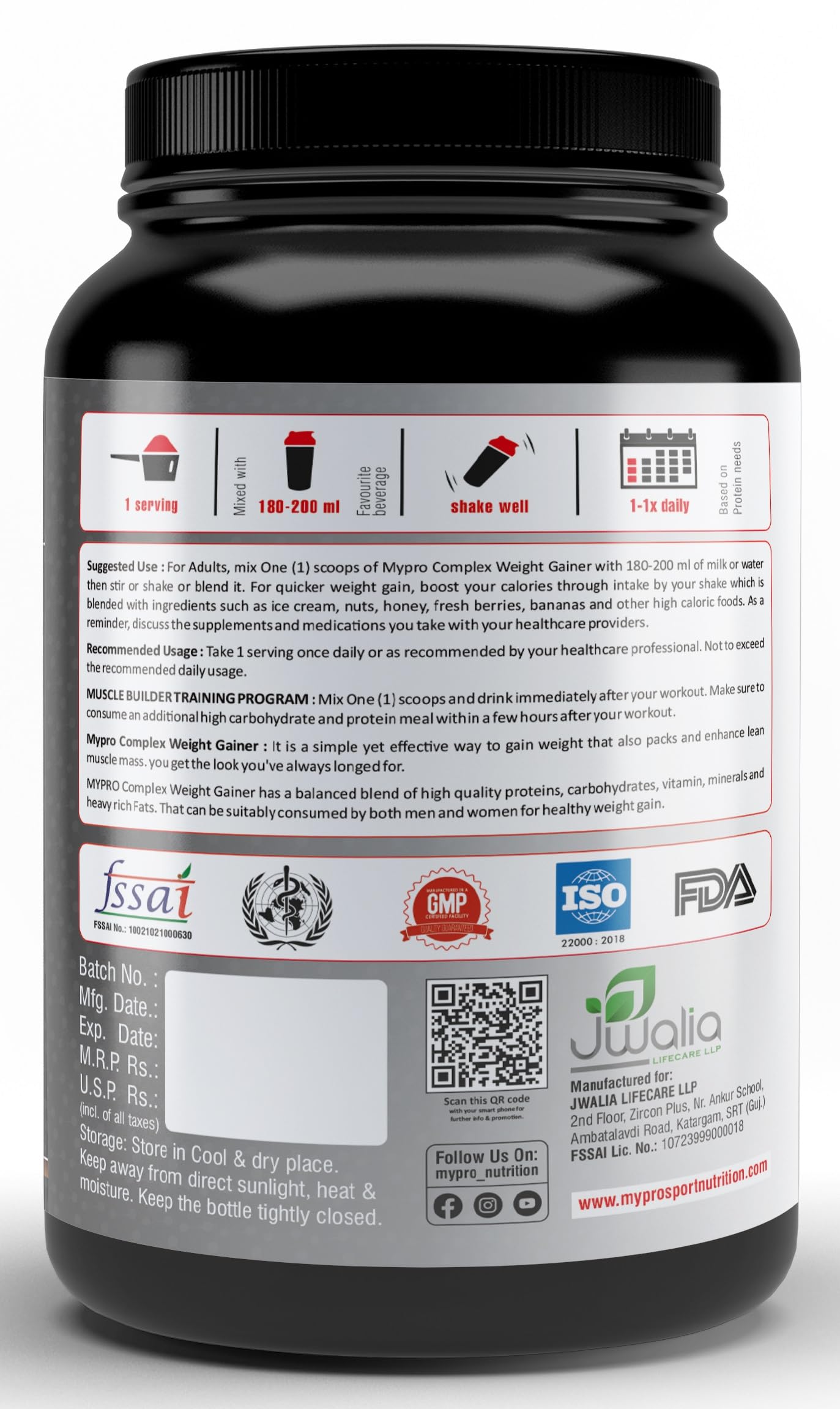 Mypro Sport Nutrition Complex Weight Gainer High Protein Supplement Powder(10g Protein,514g Calories,78g Carbs,25g Vitamins,Serving-33 Scoops) For Men & Women-Chocolate Flavour-1 Kg