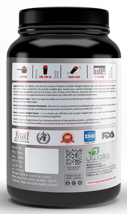 Mypro Sport Nutrition Complex Weight Gainer High Protein Supplement Powder(10g Protein,514g Calories,78g Carbs,25g Vitamins,Serving-33 Scoops) For Men & Women-Chocolate Flavour-1 Kg