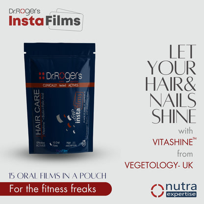 Nutra Expertise Hair Care Insta Films with Vitashine, Biotin & Folic Acid for Healthy, Thick & Shiny Hair, 15 Oral Films in Zipper Pouch
