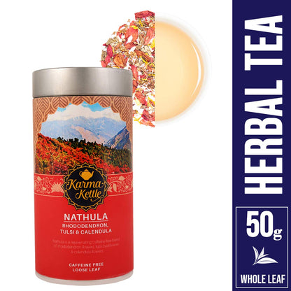 Karma Kettle Nathula Caffeine Free Tea with Rhododendron, Tulsi & Marigold, 50 GMS Loose Leaf in Tin, 50 g
