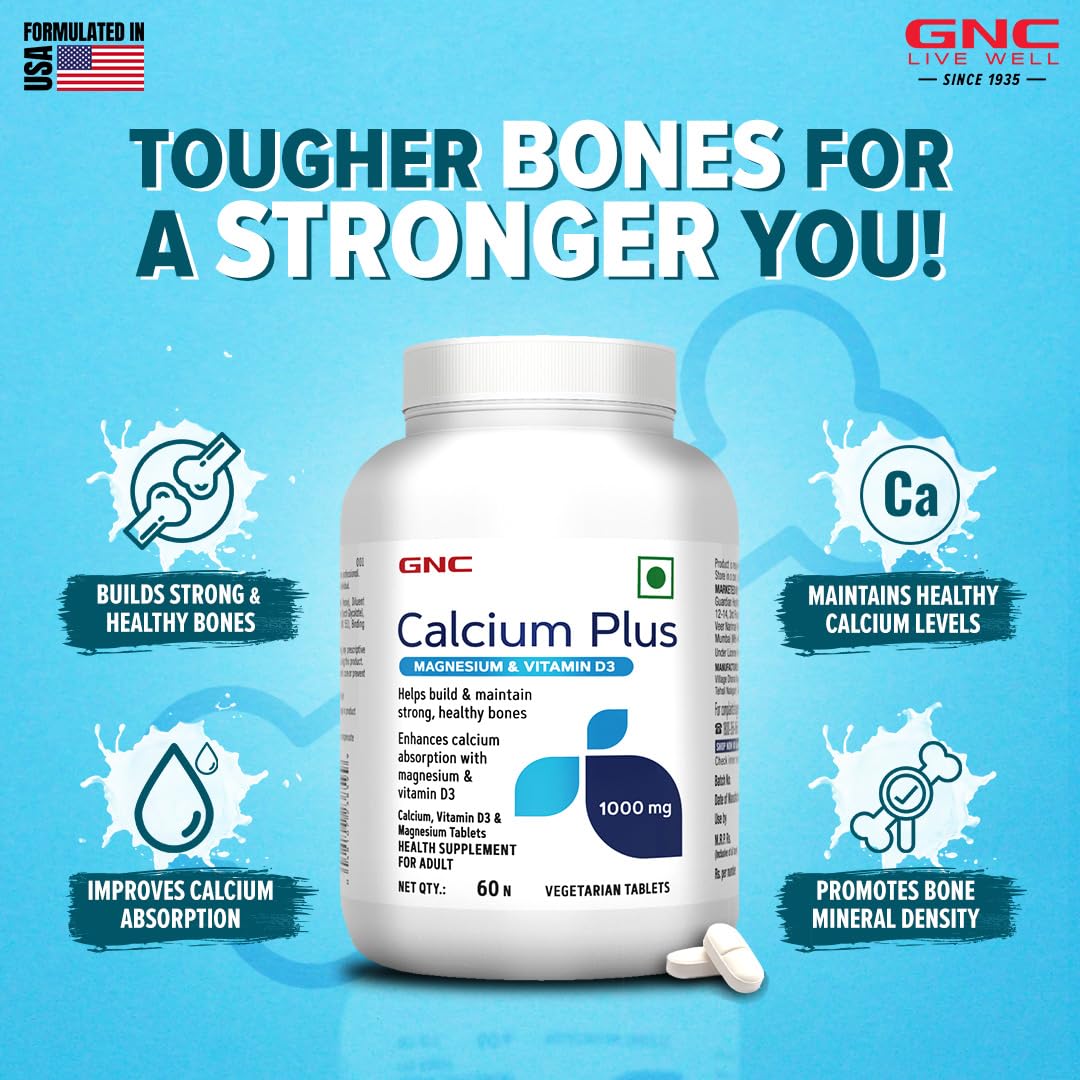 GNC Calcium Plus With Magnesium & Vitamin D3 | 180 Tablets | Strengthens Bones | Supports Strong Teeth | Promotes Healthy Muscle Contraction | Formulated in USA | 1000mg Per Serving