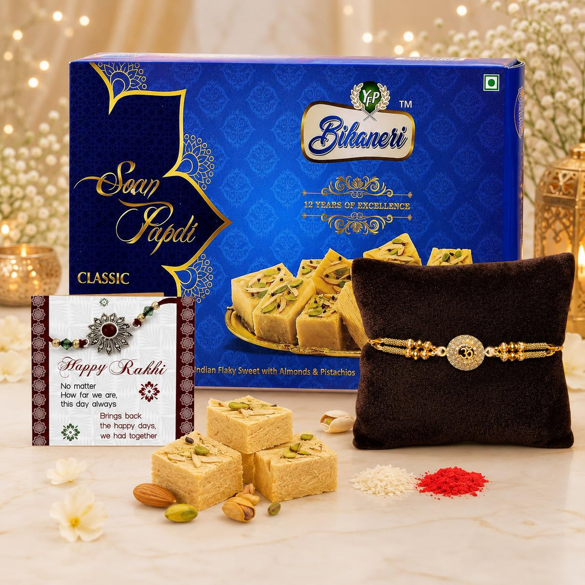 TIED RIBBONS Rakhi With Sweets For Brother - Designer Rakhi With Soan Papdi Sweet Gift Pack and Roli Chawal - Rakhi For Brother,250 gm