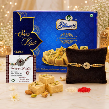 TIED RIBBONS Rakhi With Sweets For Brother - Designer Rakhi With Soan Papdi Sweet Gift Pack and Roli Chawal - Rakhi For Brother,250 gm