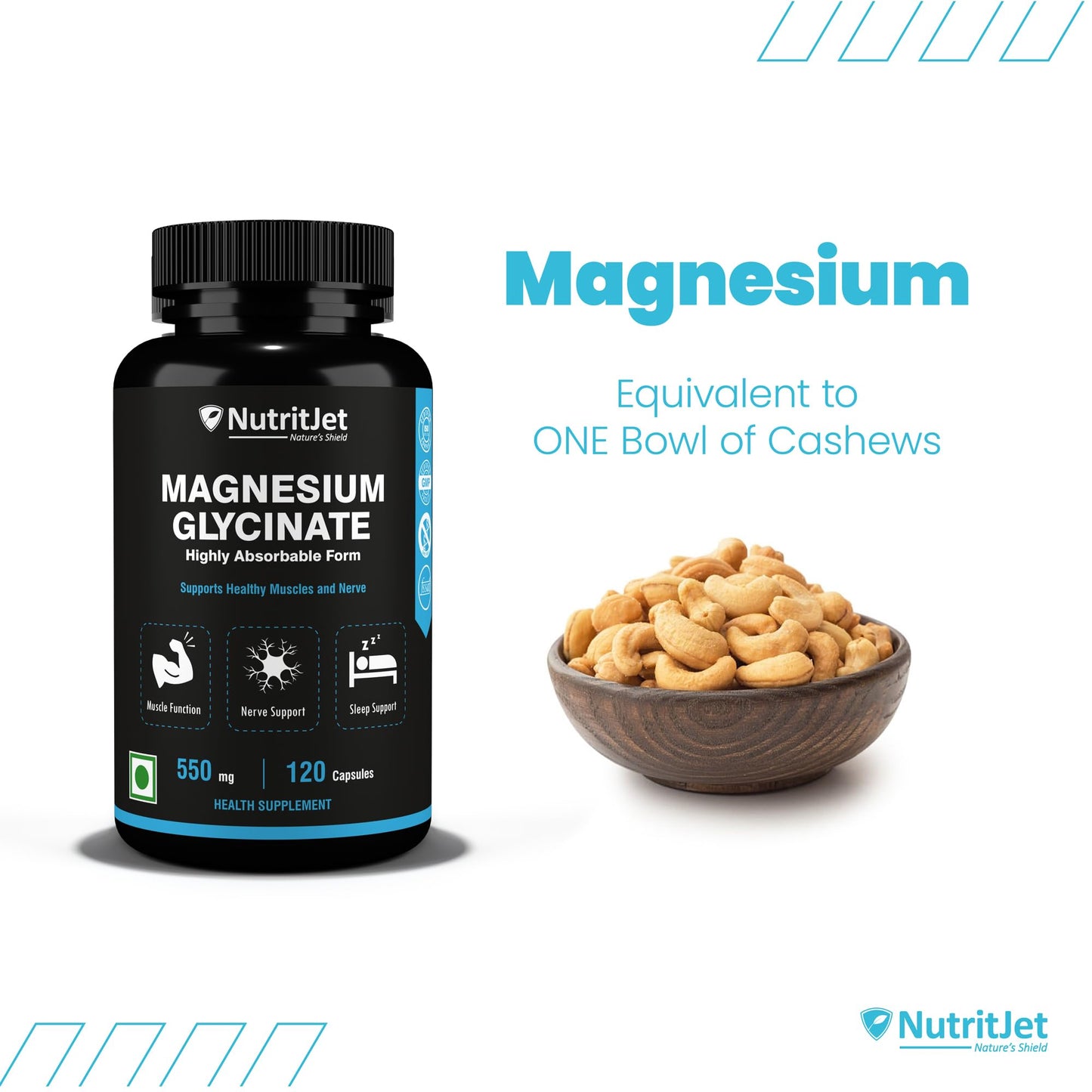 NutritJet High Absorption Magnesium Glycinate 550mg -120 Veg Capsules - Supports Muscle, Joints, Heart Health & Sleep For Men & Women