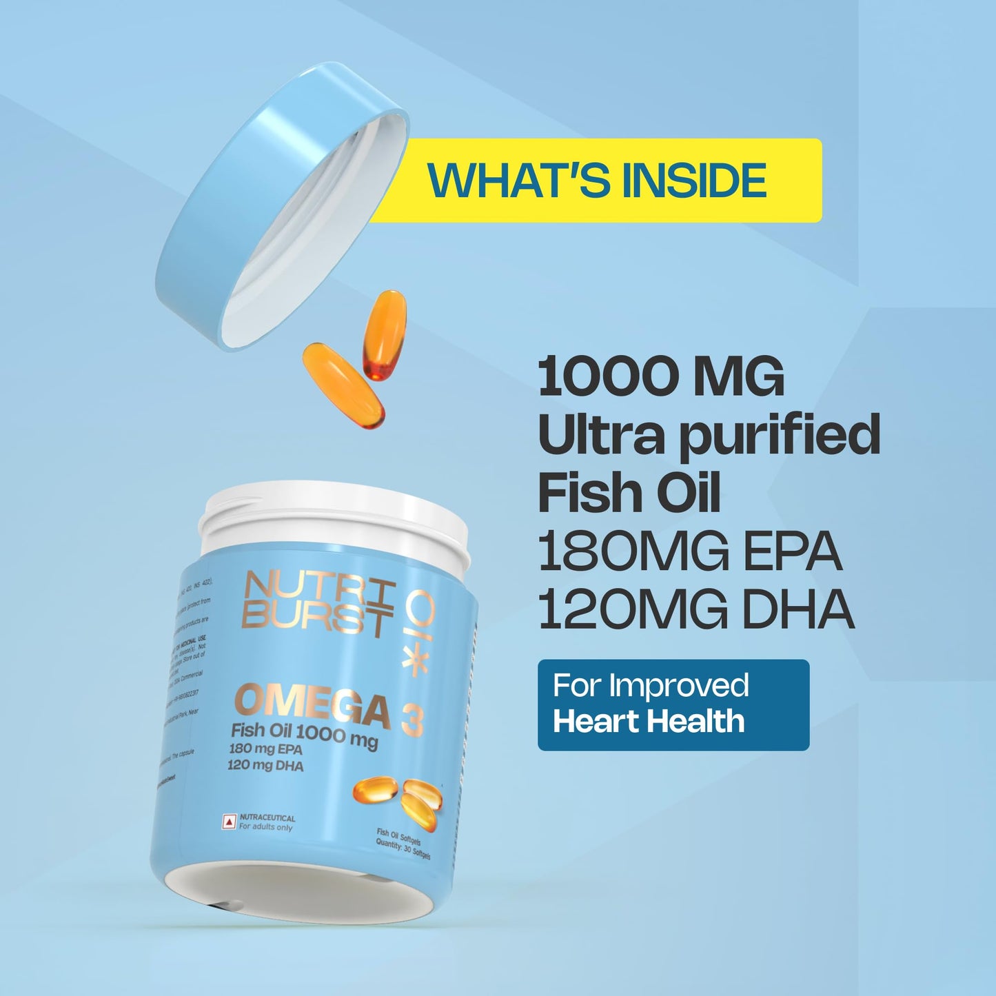 Nutriburst Omega-3 Fish Oil Capsules 1000mg | High-Strength Softgels for Men & Women | 180mg EPA & 120mg DHA | Supports Heart, Brain, Skin & Joint Health | 90 Softgels (3-Month Supply)