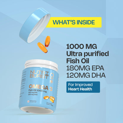 Nutriburst Omega-3 Fish Oil Capsules 1000mg | High-Strength Softgels for Men & Women | 180mg EPA & 120mg DHA | Supports Heart, Brain, Skin & Joint Health | 90 Softgels (3-Month Supply)