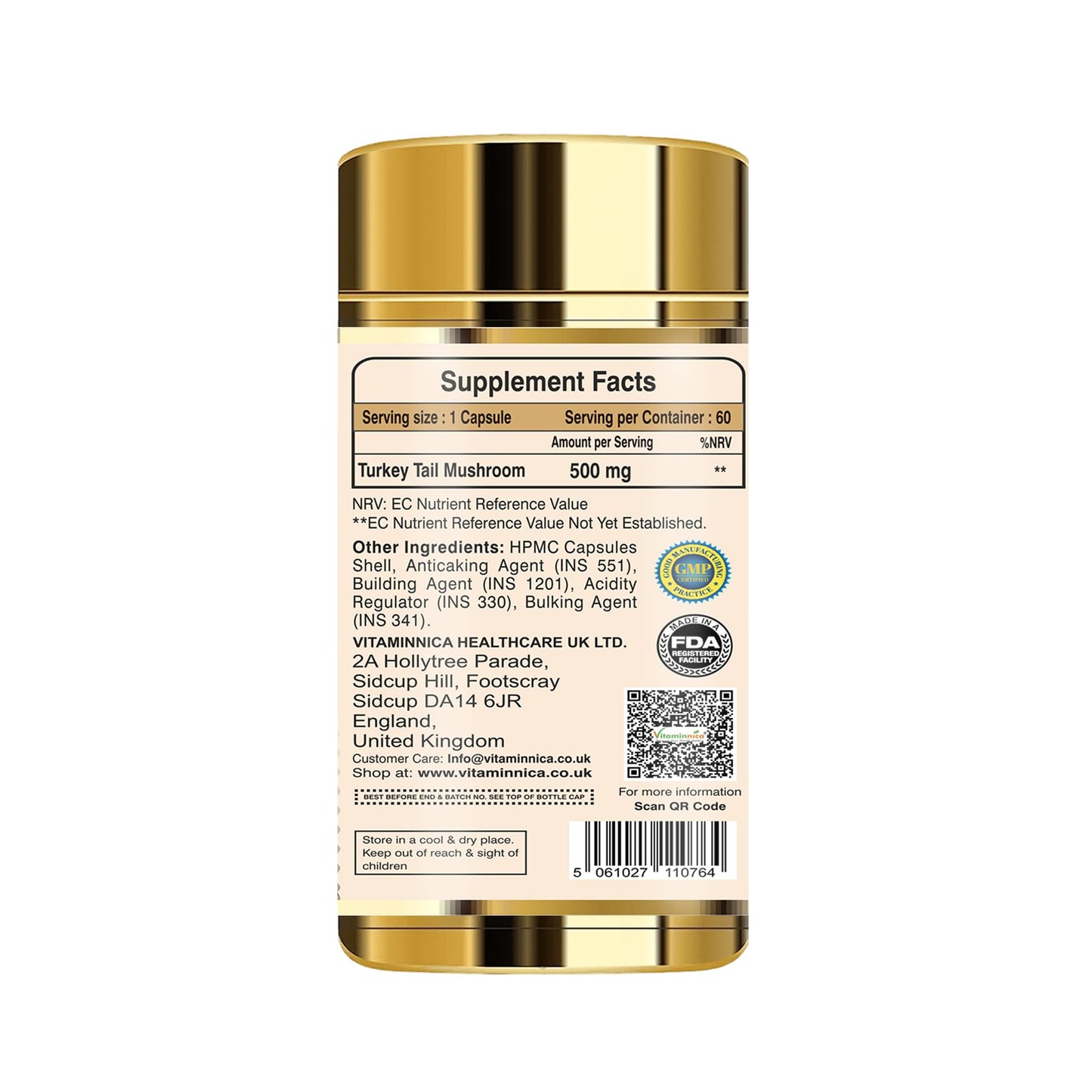 Vitaminnica Turkey Tail Mushroom Supplement 500mg- 60 High Strength Vegan Capsules | Nootropics for Gut Health