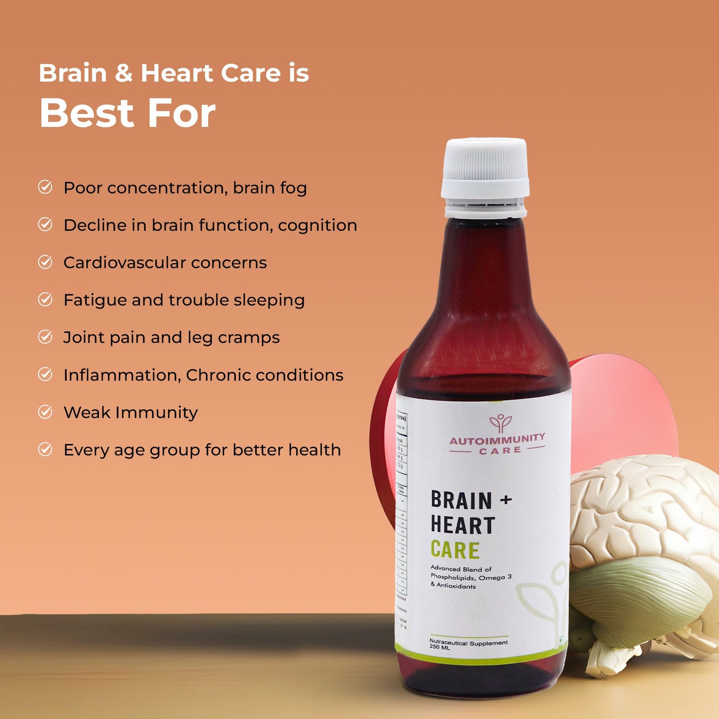 Autoimmunity care Brain + Heart Care | For Brain, Heart, Joint, Skin, Eye & Immune System Support | Advanced Blend of Phospholipids, EPA & DHA Omega 3, Astaxanthin, C0Q10 & Antioxidants | 250 ML Oil