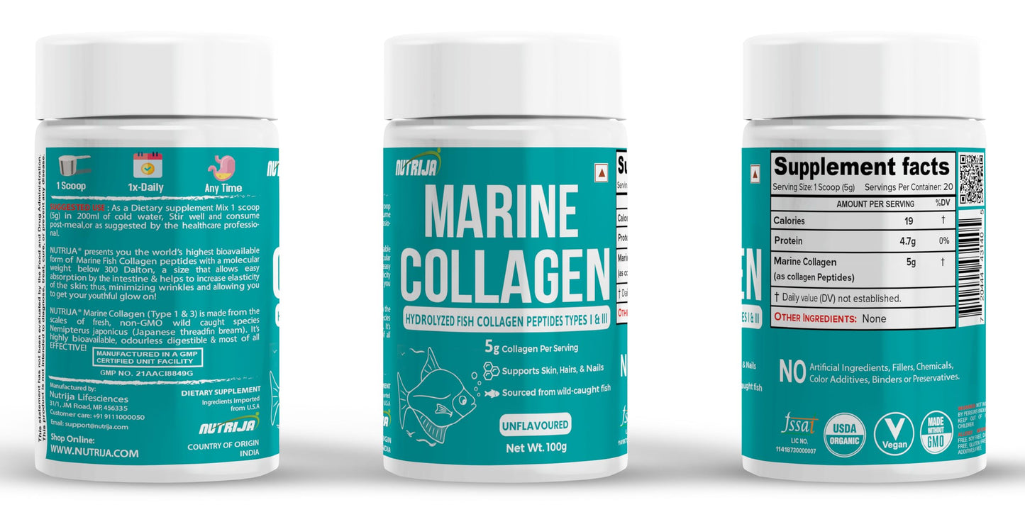 NutriJa Marine Collagen Peptides – Hydrolyzed Fish Collagen - Highly Bioavailable - 100g | Clinically Proven Ingredient with 95% Protein, Supports Healthy Skin, Hair, Nails, Bone & Joint -Unflavoured