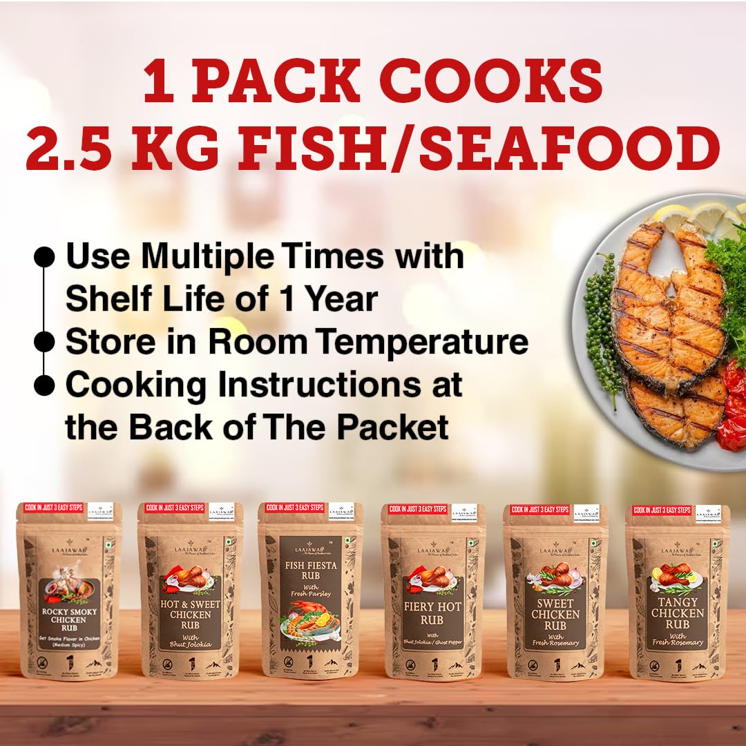 Laajawab India's First All-In-One Natural Fish & Prawn Masala Marinade For Delicious & Superfast Cooking|Robust Blend Of Parsley,Yellow Mustard,Lemon & Black Pepper,130 Gram