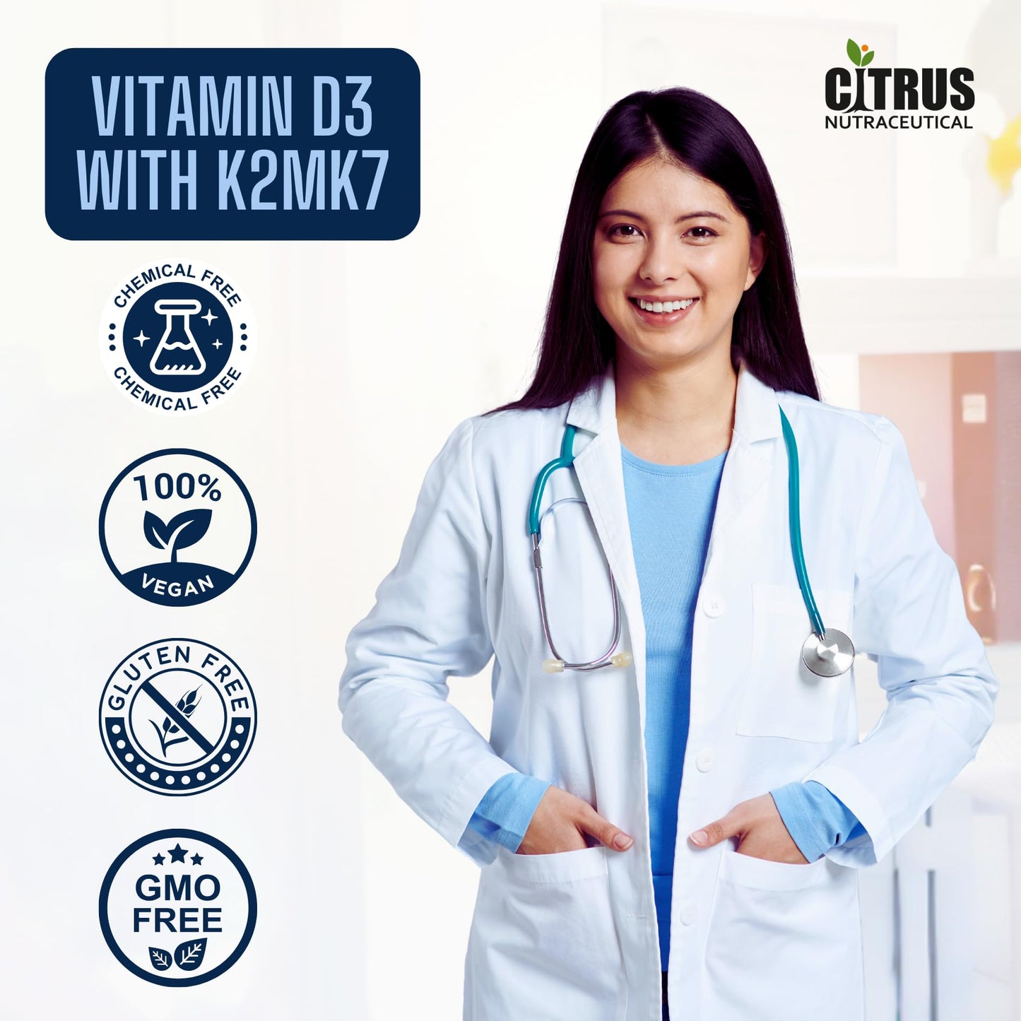 CITRUS NUTRACEUTICAL Vitamin D3 600IU with K2 MK7 55 mcg | For Bone, Calcium Absorption & Heart Health - 60 Veg Capsules