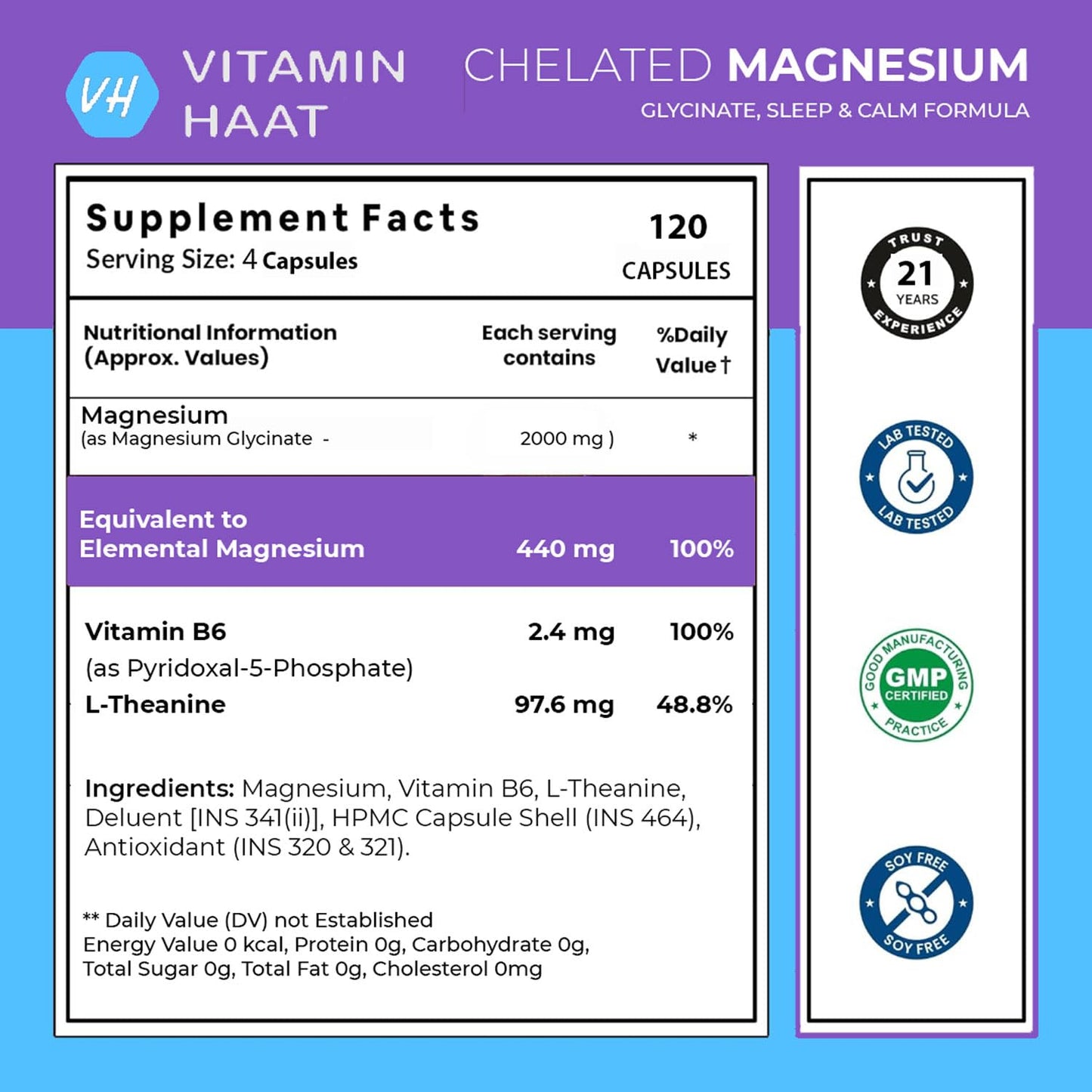 Magnesium Glycinate Supplement | Magnesium Supplement with Vitamin B6 and L-Theanine Supports Muscle Recovery & Better Sleep | 2100mg Per Serving | 120 Capsule by VitaminHaat