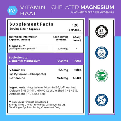 Magnesium Glycinate Supplement | Magnesium Supplement with Vitamin B6 and L-Theanine Supports Muscle Recovery & Better Sleep | 2100mg Per Serving | 120 Capsule by VitaminHaat