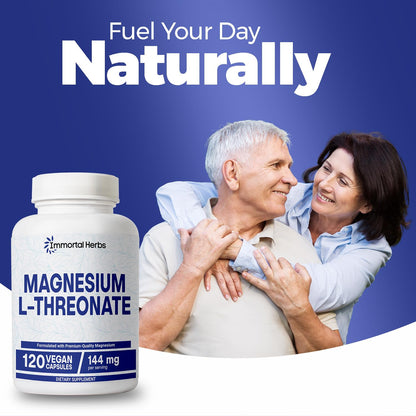 Immortal Herbs Pure Magnesium L-Threonate Capsules, Chelated, High Absorption, 120 Pills w/Elemental Magnesium Powder, Non-GMO & Gluten Free L-Threonate Supplement for Women and Men