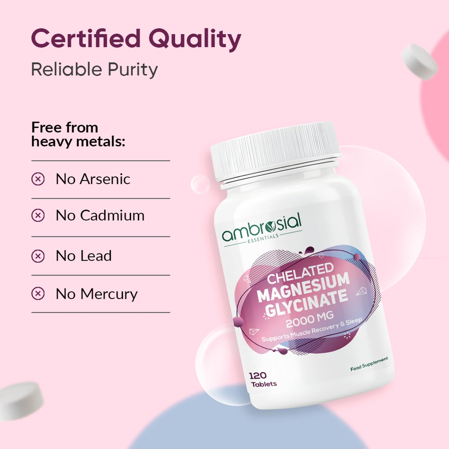 Ambrosial Chelated Magnesium Glycinate 2000mg | Provides 440mg Elemental Magnesium per Serving | 120 Vegan Tablets
