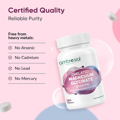 Ambrosial Chelated Magnesium Glycinate 2000mg | Provides 440mg Elemental Magnesium per Serving | 120 Vegan Tablets