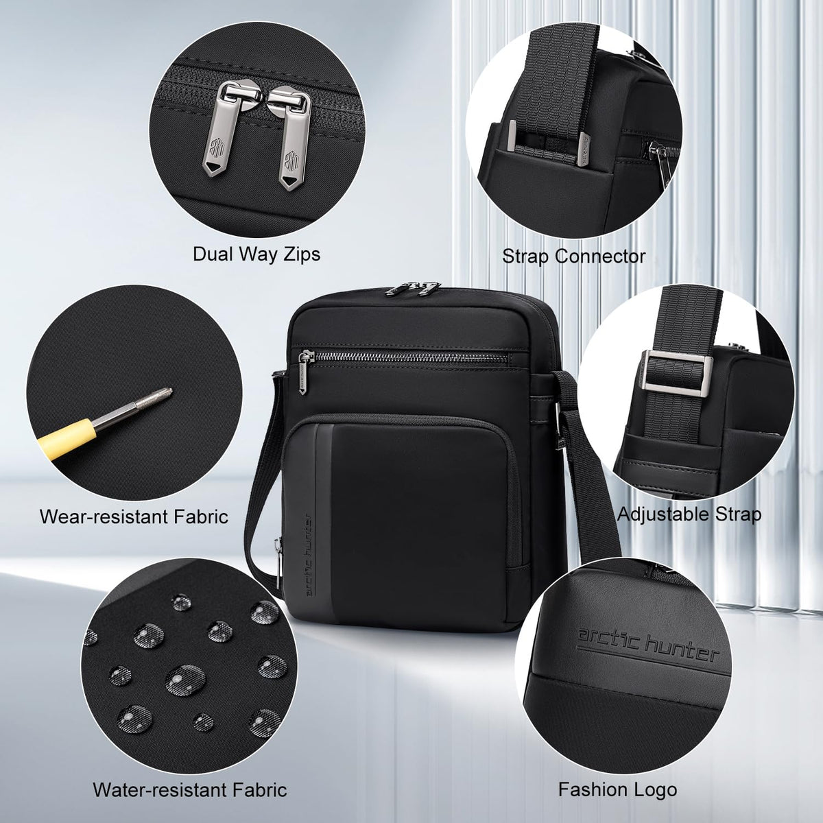 Arctic Hunter Nylon Sling Bag for Men Water Repellent Multiple Pockets Premium Side Messengert Shoulder Bag for 8" iPad Phone Casual Office College Travel, Black