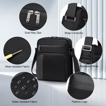 Arctic Hunter Nylon Sling Bag for Men Water Repellent Multiple Pockets Premium Side Messengert Shoulder Bag for 8" iPad Phone Casual Office College Travel, Black