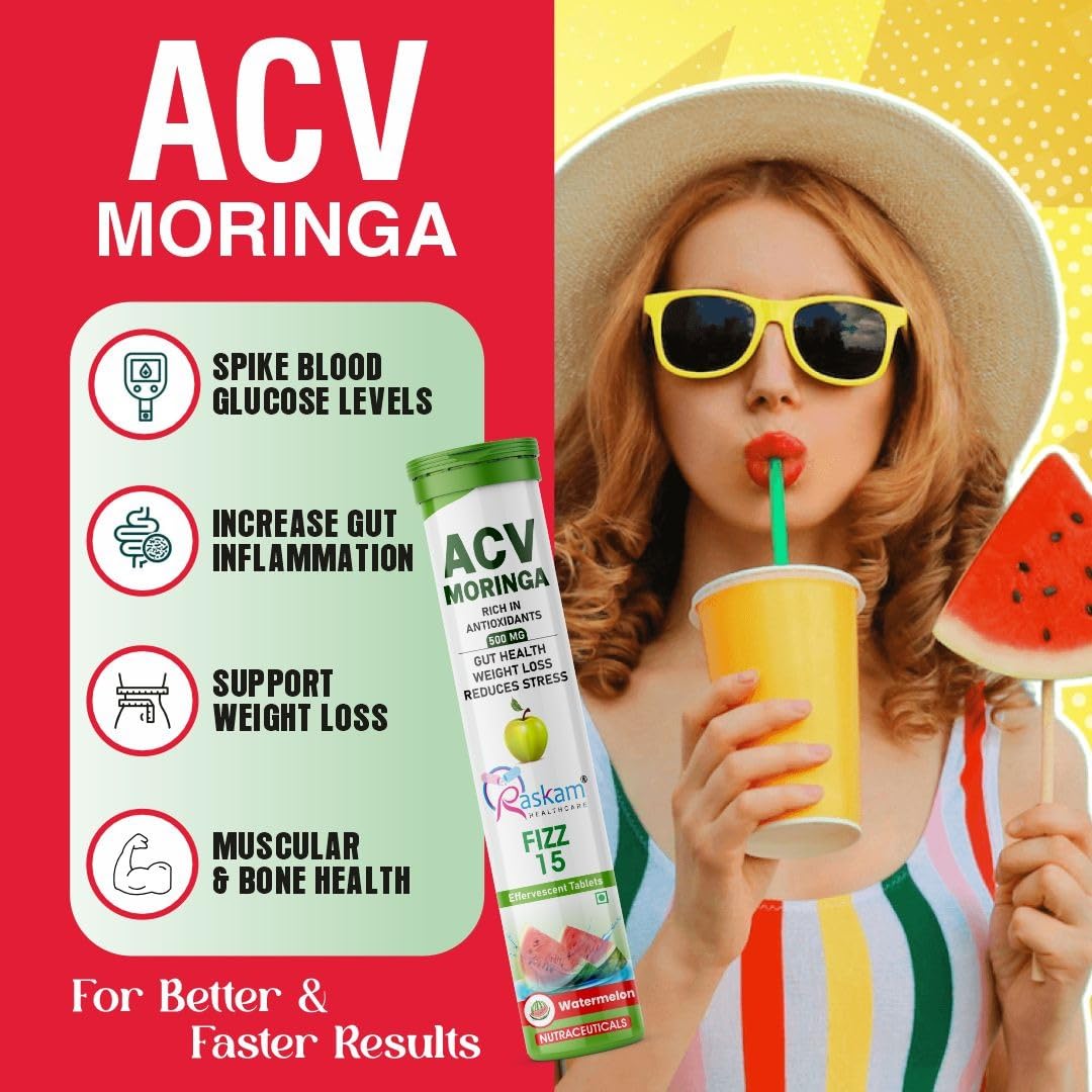 ACV + Moringa 500mg Effervescent Tablets – Watermelon, 15 Tablets, No Added Sugar