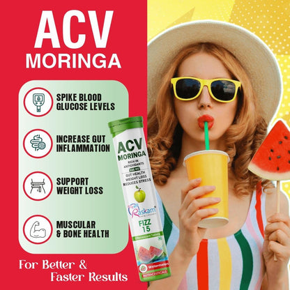 ACV + Moringa 500mg Effervescent Tablets – Watermelon, 15 Tablets, No Added Sugar