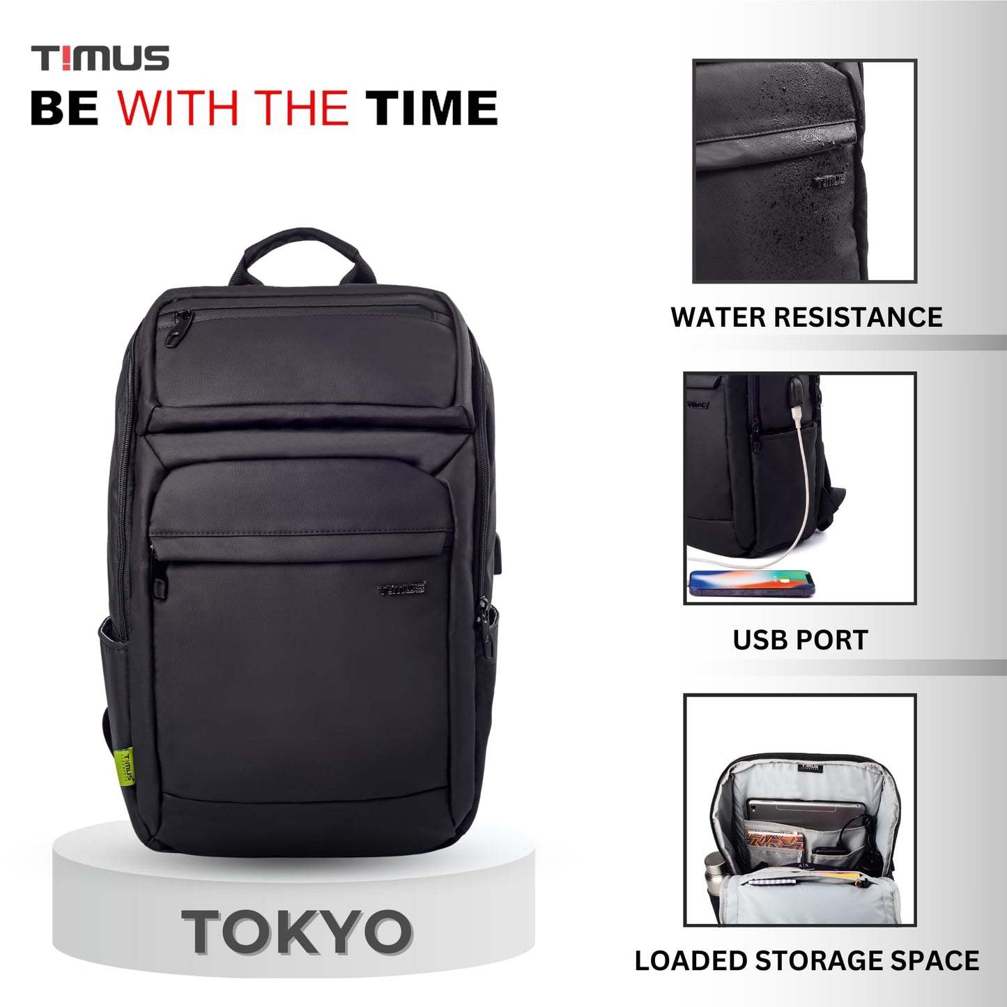 Timus Tokyo Black Professional Laptop Backpack for Men & Women 28 L with 15.6 Inch Laptop Compartment | Water resistant with USB Port Anti-Theft Bag | Premium Polyester Fabric