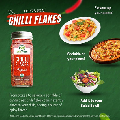 Geo Fresh Organic Chilli Flakes, 30g | Seasoning| For Pizza, Pasta, Garlic Bread, Italian cusines| No Artifical Colour & Preservatives| 100% Organic, Non-GMO, USDA Certified, Jaivik Bharat Certified