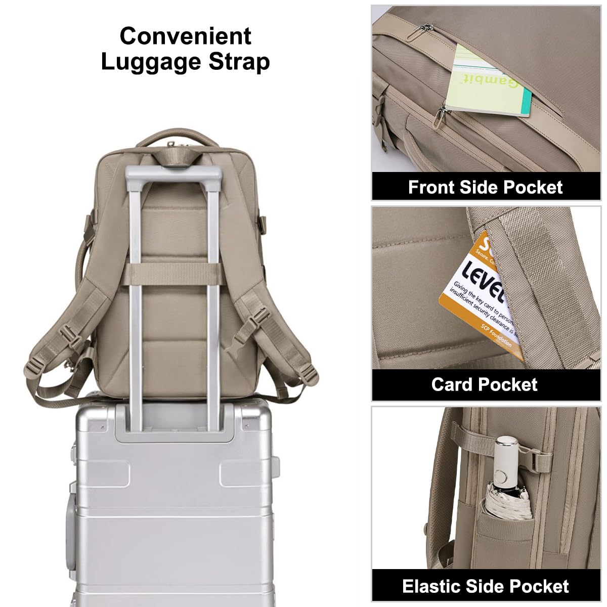 Chantria Ladies’ Travel Backpack | 33 Litres Expandable Capacity | Suitable Laptop Compartment | 180° Full-Zip Opening | Waterproof Toiletry Pouch | 2-in-1 Convertible Office & Travel Bag Khaki