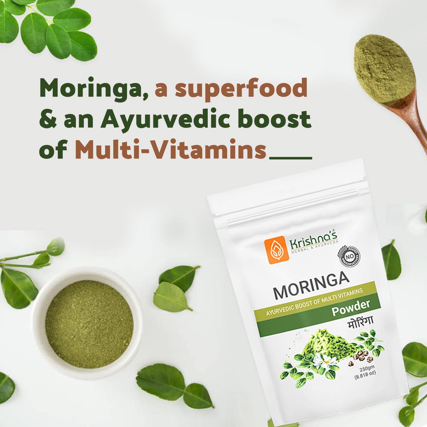 Krishna's Moringa Powder, Rich in essential vitamins, minerals, and amino acids, No Artificial Colors or Flavors - 250 g (Pack of 1)