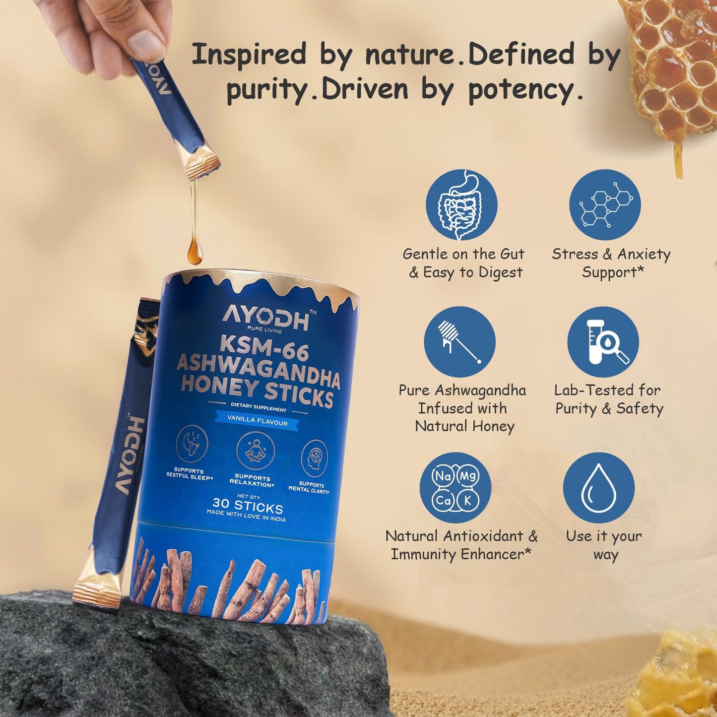 AYODH Ashwagandha Honey Sticks KSM 66 Ashwagandha Vanilla Syrup Raw Honey for Women Men Supports Relaxation Stamina Immunity Calmness 30 Sticks | Pack of 2