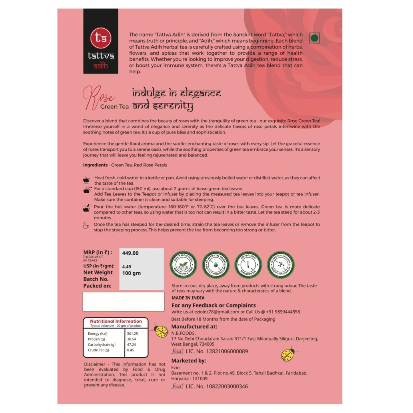 Tattva Adih Rose Green Tea - 100 grams 60+ Cups | For Glowing Skin | 100% Whole Leaf & Natural Rose Petals | Ziplock Pouch | Made with Whole Leaf & Natural Rose's Petals | Refreshing & Aromatic