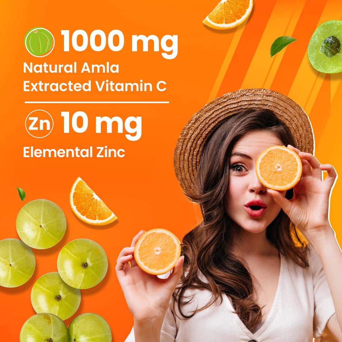 Fast&Up Charge Natural Vitamin C - 20 Effervescent Tablets, Amla Extract + Zinc for Daily Immunity | Helps to boost & Strengthens Collagen for Healthy Skin, Hair & Nails- Orange Flavour