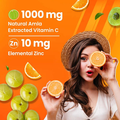 Fast&Up Charge Natural Vitamin C - 20 Effervescent Tablets, Amla Extract + Zinc for Daily Immunity | Helps to boost & Strengthens Collagen for Healthy Skin, Hair & Nails- Orange Flavour