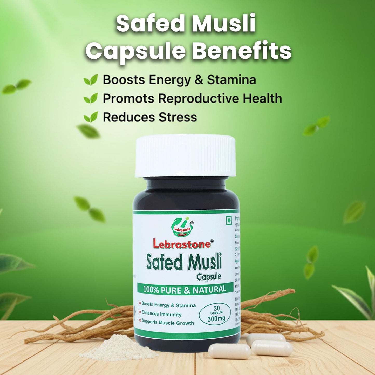 Lebrostone Safed Musli Capsules 30| Strength, Stamina & Vitality Support | Ayurvedic Energy Booster for Men & Women | Pure Herbal Supplement | 30 Veg Capsules