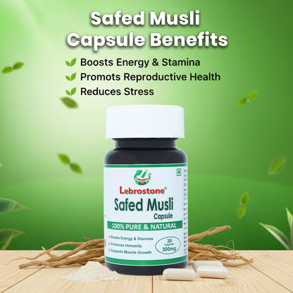 Lebrostone Safed Musli Capsules 30| Strength, Stamina & Vitality Support | Ayurvedic Energy Booster for Men & Women | Pure Herbal Supplement | 30 Veg Capsules