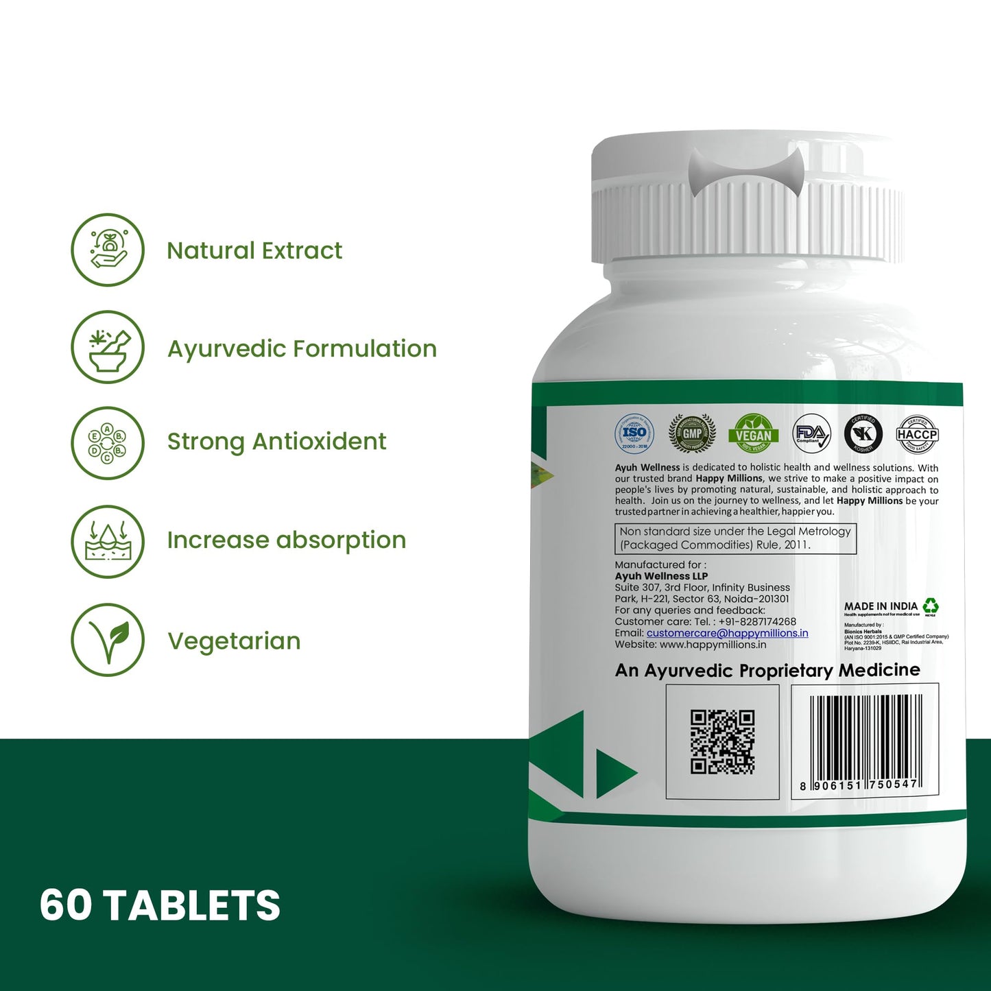 HappyMillions Blood Purifier Ayurvedic Detox for Clear Skin & Pimples Reduction Boosts Immunity with Neem, Giloy, Amla & Haldi Supports Liver Health 2 Tablets Daily For Healthcare Advised 60 Tablets