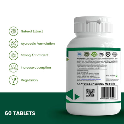HappyMillions Blood Purifier Ayurvedic Detox for Clear Skin & Pimples Reduction Boosts Immunity with Neem, Giloy, Amla & Haldi Supports Liver Health 2 Tablets Daily For Healthcare Advised 60 Tablets