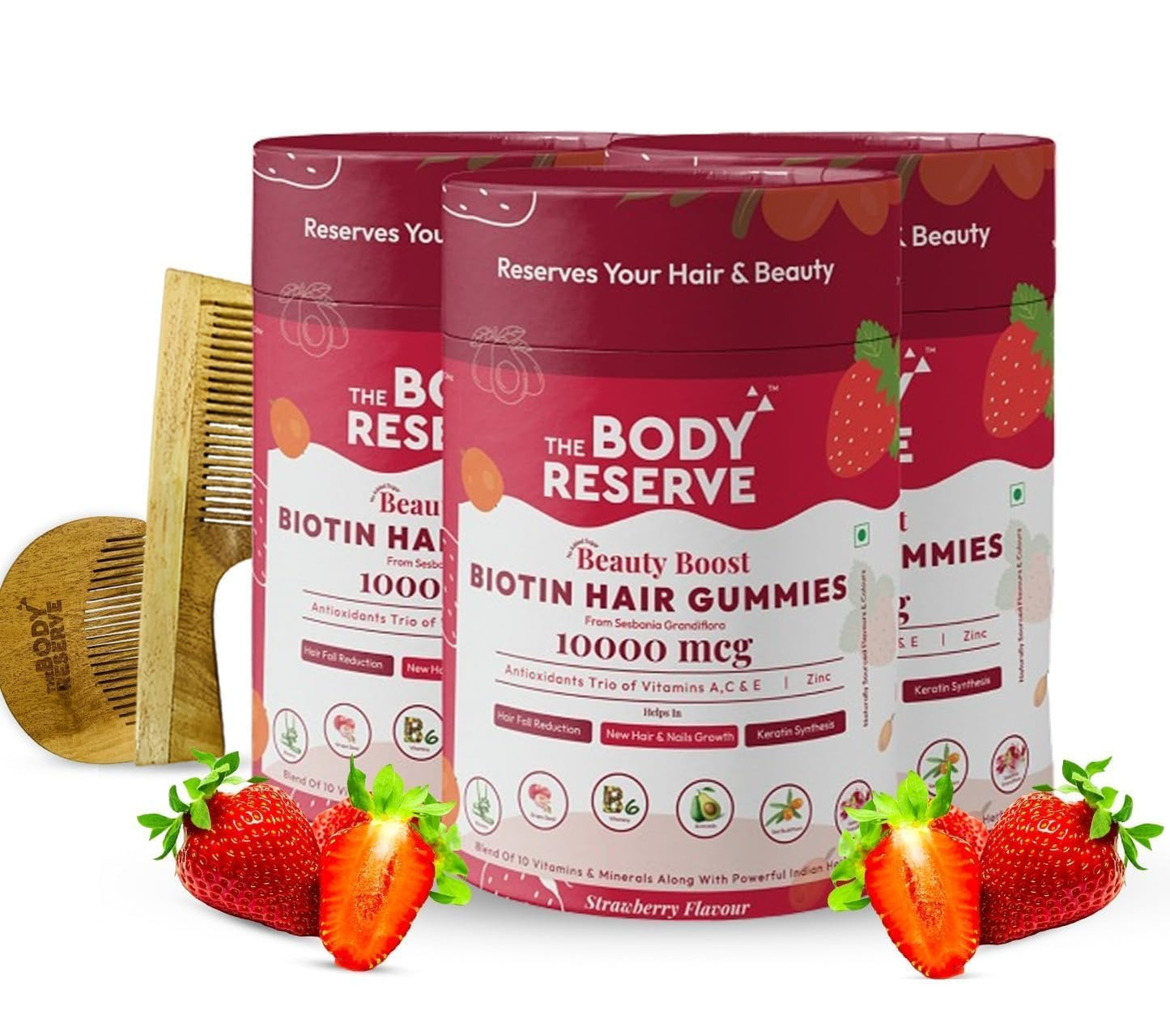 The Body Reserve DHT Blocker Biotin Gummies - Hair, Nails & Skin Health - Reduces Hair Fall For Men Women - Strawberry Flavor (90 Gummies, Pack of 3)