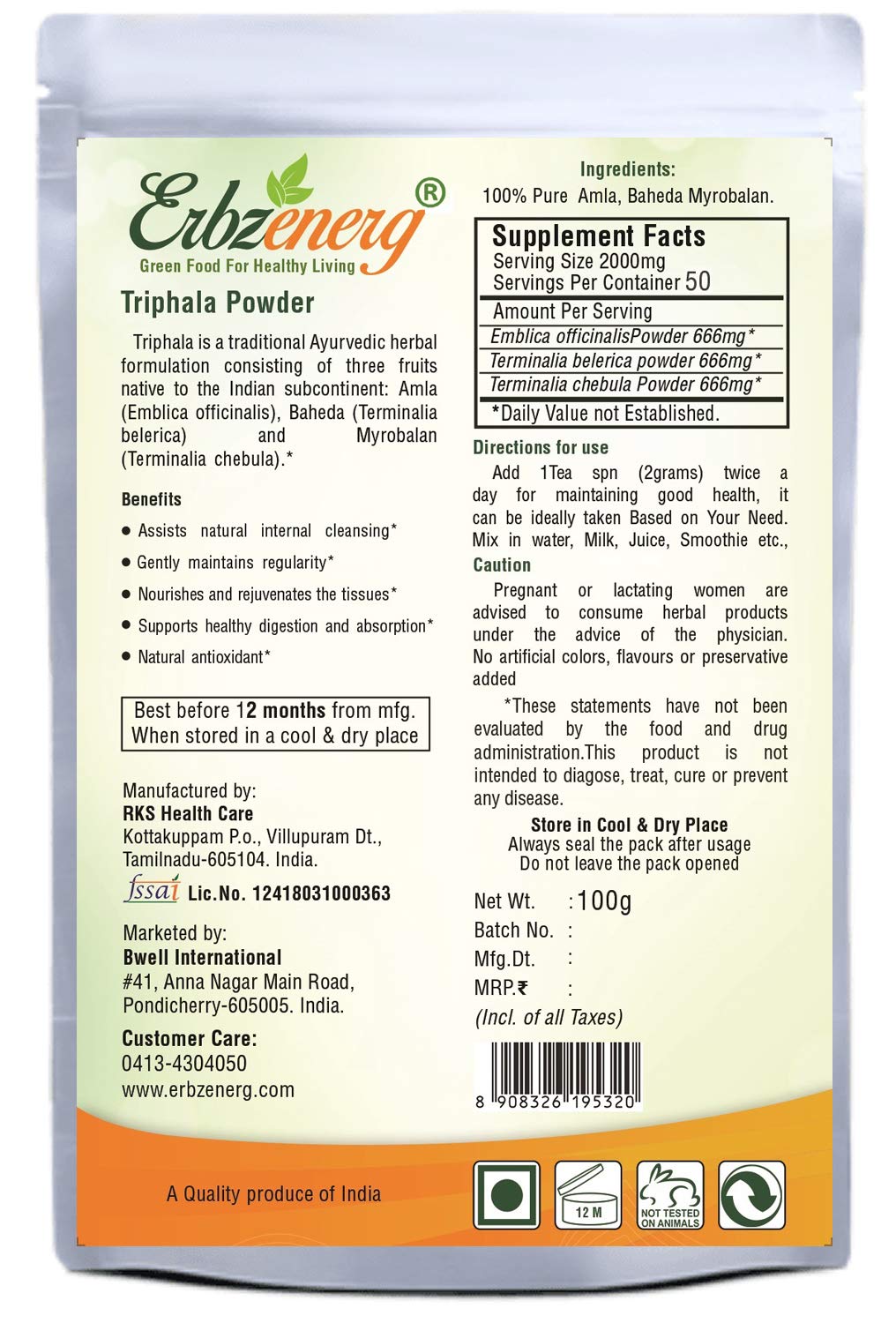 ERBZENERG Organic TRIPHALA Powder 100g and 60 Capsules
