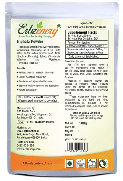 ERBZENERG Organic TRIPHALA Powder 100g and 60 Capsules
