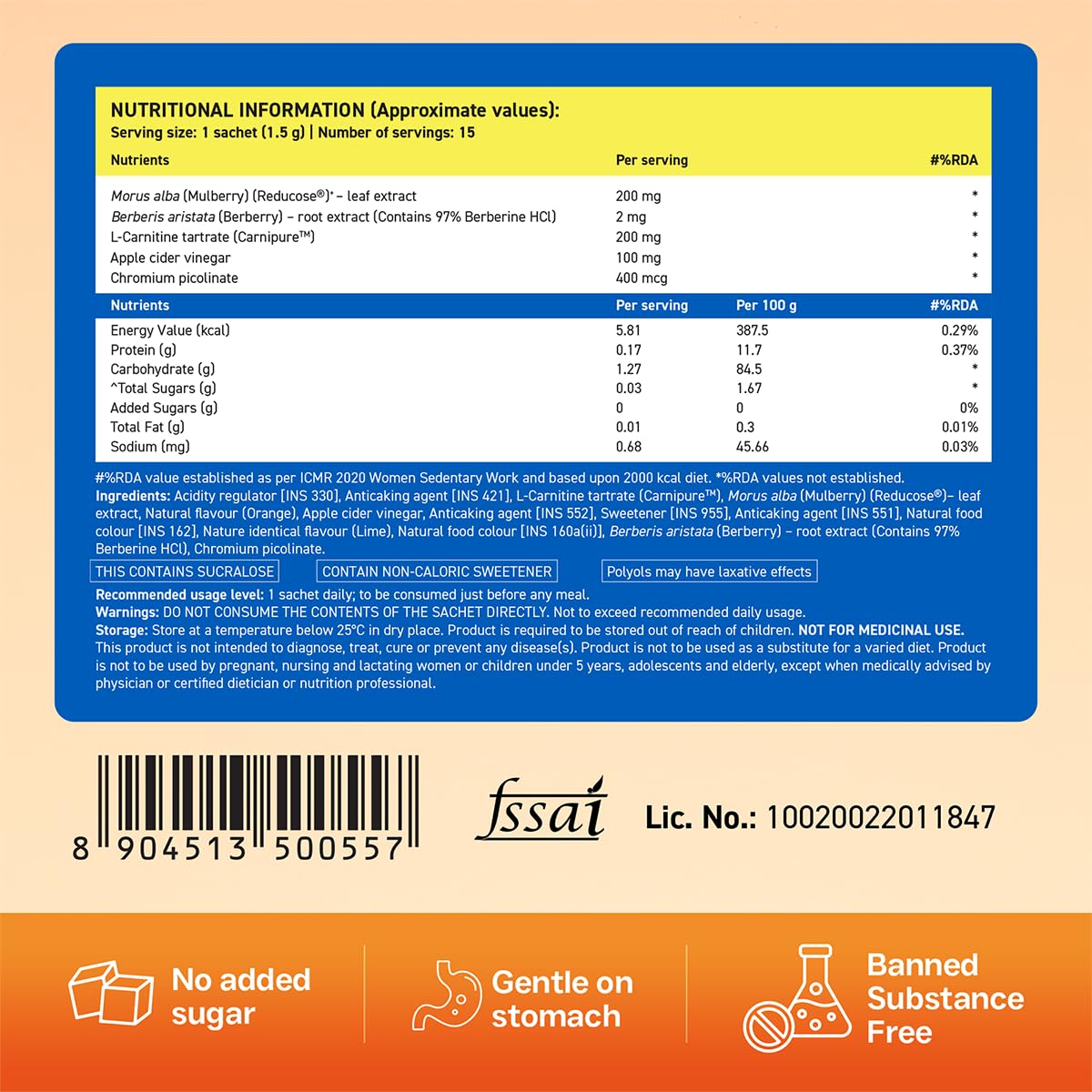 Fast&Up Glucolean GLP-1 Helps Manage Blood Sugar Levels Burns Stubborn Fat Diabetes Care with Clinically Proven Reducose, Berberine, L-Carnitine, ACV & Chromium - 15 Orange Stick Packs