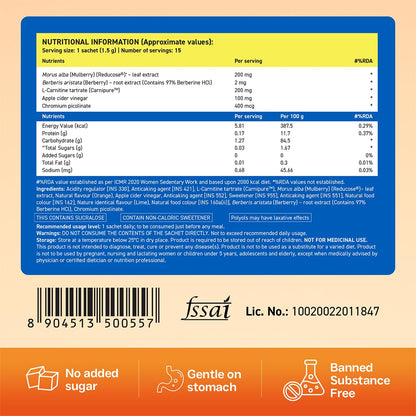 Fast&Up Glucolean GLP-1 Helps Manage Blood Sugar Levels Burns Stubborn Fat Diabetes Care with Clinically Proven Reducose, Berberine, L-Carnitine, ACV & Chromium - 15 Orange Stick Packs