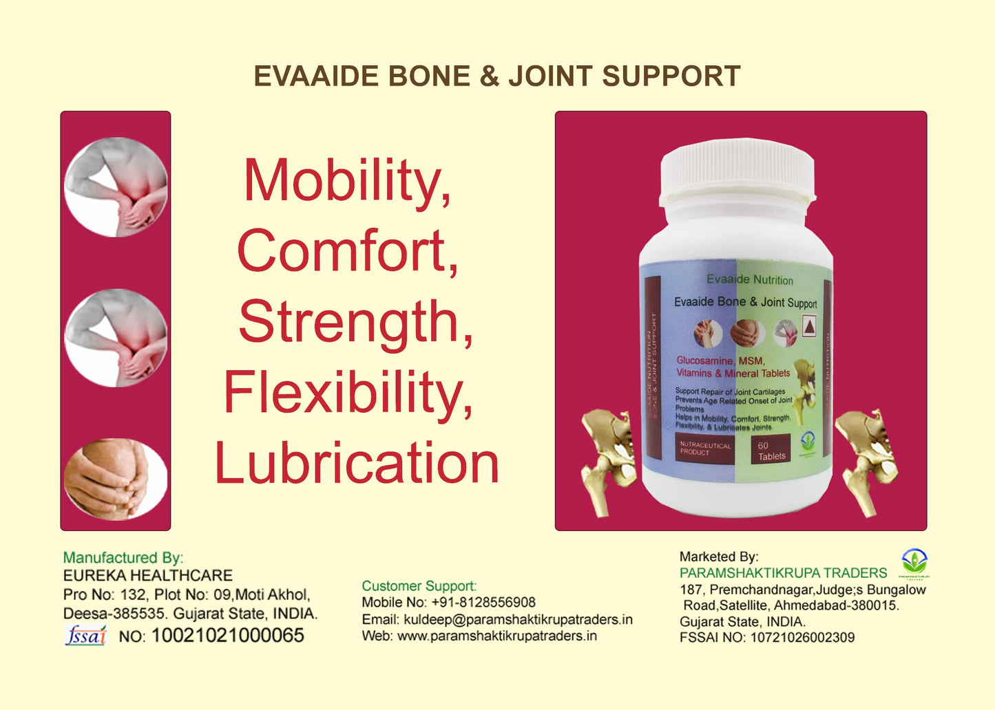 EVAAIDE Joint Support Supplement, with Glucosamine, MSM, Vitamin & Minerals, For Joint Strength, Mobility, and Flexibility, 60 Tablets