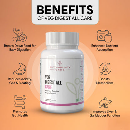 Autoimmunity Care Veg Digest All Care – Complete Digestive Enzymes Supplement with Betaine HCl | Supports Faster Digestion, Acidity, Bloating & Gas Relief | Digestive Enzyme Tablets | 30 Caps (30 dose)