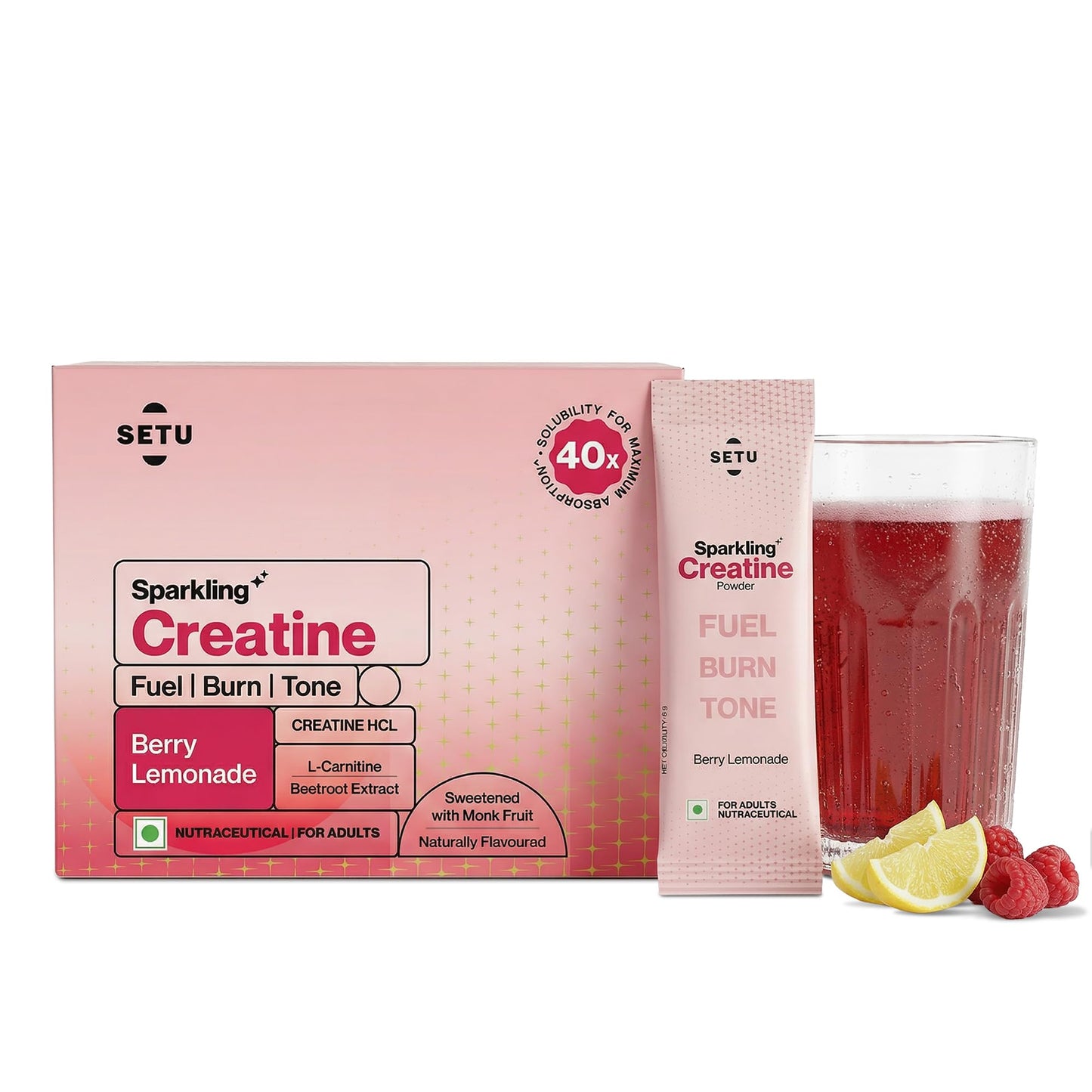 Setu Sparkling Creatine HCL | Effervescent Powder | With L-Carnitine & Beetroot Extract | For Lean Muscles, Stamina & Recovery | Berry Lemonade Flavor | 25 Servings