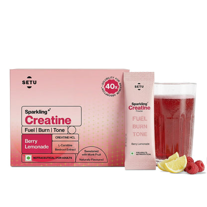 Setu Sparkling Creatine HCL | Effervescent Powder | With L-Carnitine & Beetroot Extract | For Lean Muscles, Stamina & Recovery | Berry Lemonade Flavor | 25 Servings