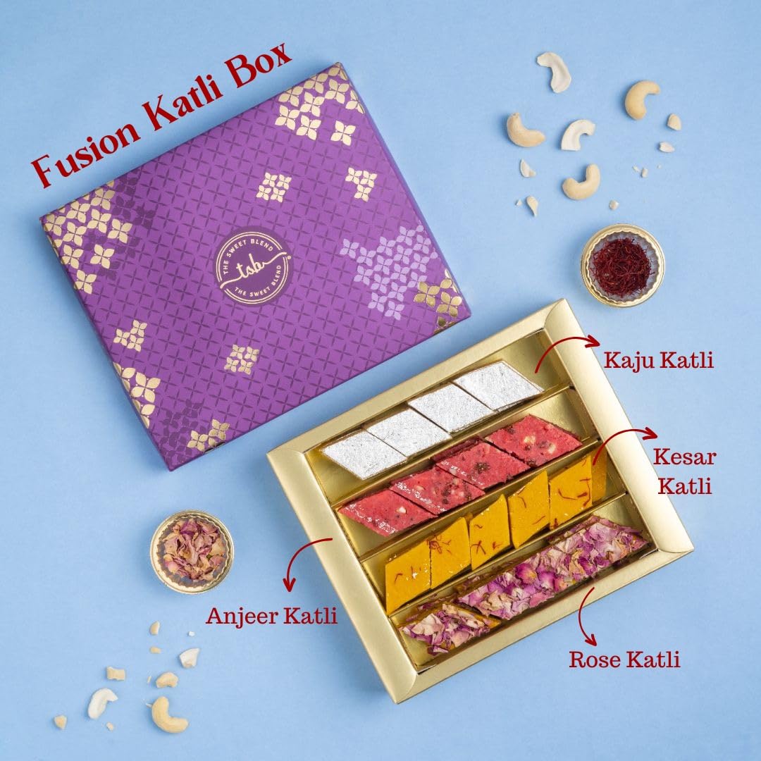 THE SWEET BLEND Fusion Katli Box 500g | Assorted Kaju Katli Flavors | Luxury Indian Sweets Gift Box for Raksha Bandhan - Rakhi | Traditional Mithai Hamper