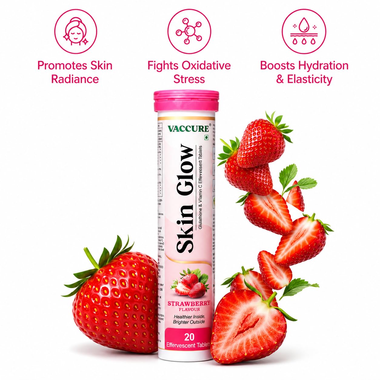 VACCURE Skin Glow Effervescent Tablets - Glutathione & Vitamin C for Skin Brightening & Antioxidant Support - 20 Tablets - Delicious Strawberry Flavor