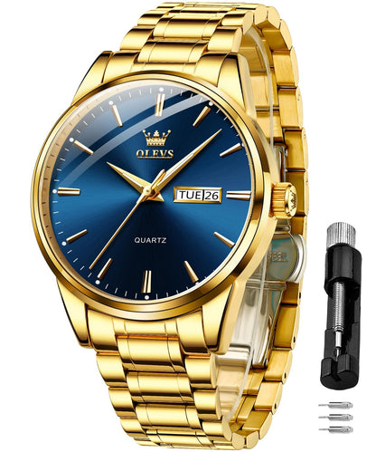 OLEVS Watch for Men Gold Blue Analog Quartz Dress Business Watch Day Date Calendar Stainless Steel Luxury Luminous Waterproof Casual Men Wrist Watches